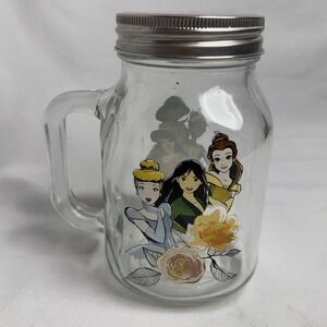 Disney Princess Mason Jar Glass Tumbler 21oz Silver Buffalo With Lid